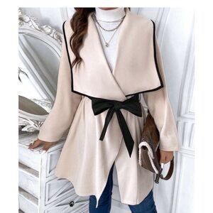 Classic Color Block Wide Collar Belted Jacket Coat